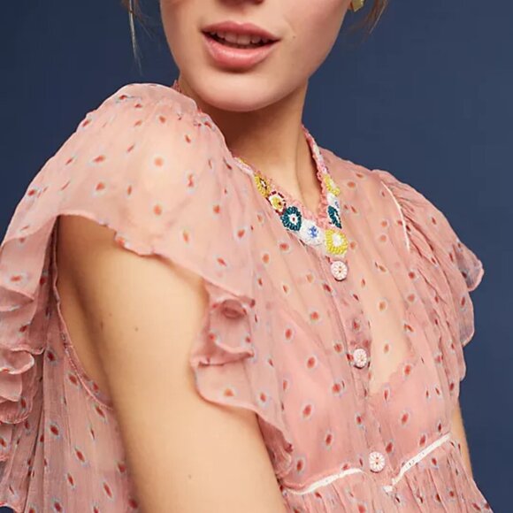 Varun Bahl Beaded Ruffled Nude Pink Polka Dot Sheer Cupro Button Up Blouse XS - Picture 9 of 11
